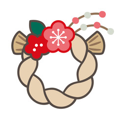 Simple Circle Shimekazari (New Year's Wreath) Icon with Plum Blossom and Mochi Ball, Pastel Vector