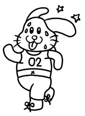 Cute hand drawn outline of bunny running for animal, pet, diet, exercise, sport, race, competition, activity, paw running club, healthy lifestyle, hobby, leisure, cartoon character, happy easter