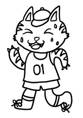 Cute hand drawn outline of cat running for animal, pet shop, diet, exercise, sport, race, competition, activity, paw running club, healthy lifestyle, hobby, cartoon character, mascot, colouring book