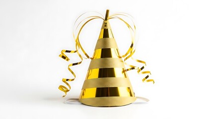 Golden party hat with ribbons on white