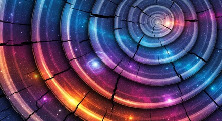 Concentric cracked rings form a colorful cosmic spiral with stars and galaxies transitioning from blue to orange hues