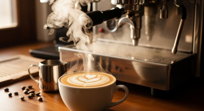 Hot Latte Art Coffee with Steaming Espresso Machine.