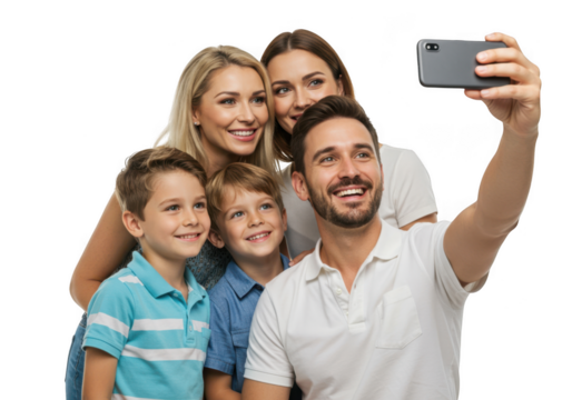 Happy family taking a selfie together isolated on transparent background