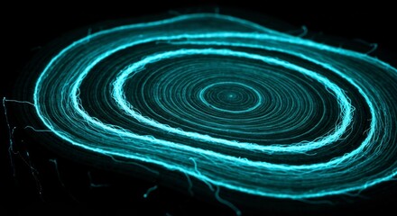 Concentric glowing cyan threads forming a spiral pattern on a black background