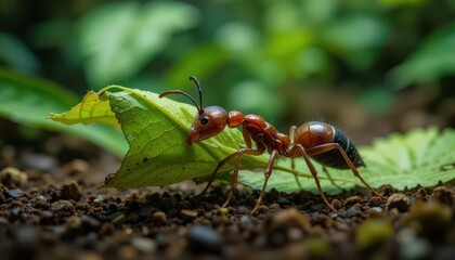 Detailed macro photograph showcasing a leafcutter ant diligently carrying a leaf across the forest