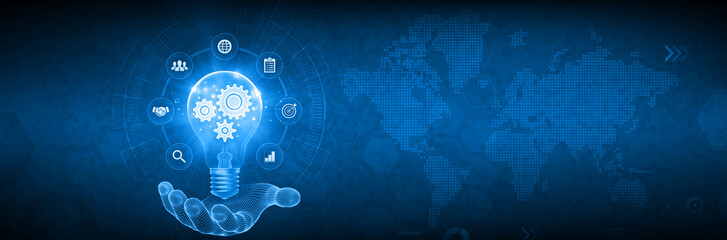 Innovation and global business strategy concept with digital hand holding a glowing lightbulb containing gears, icons for success, and world map background on blue technology interface.