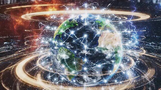 Earth surrounded by digital data streams and energy fields in space