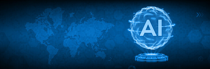 Artificial Intelligence concept background with glowing AI text in digital sphere and world map, futuristic blue technology banner for global data network and innovation