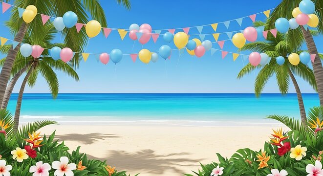 Tropical beach party with colorful balloons and festive decorations on a sunny day