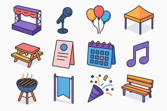 Colorful Event Icons. Public Events flat icon set: stage, microphone, balloons, tent, picnic table, flyer, calendar, music note, barbecue grill, street banner, confetti, park bench