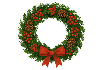 Festive Holiday Wreath. Festive wreath adorned with red berries, pinecones, and a large red bow. The circular arrangement of lush green foliage symbolizes unity and. Vector illustration