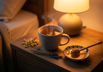 Cozy Steaming Herbal Tea and Honey on a Nightstand