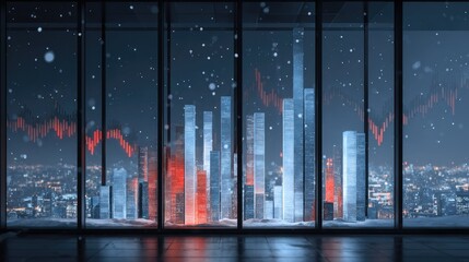 Futuristic Night Cityscape Through Snowy Window