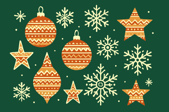 Retro Christmas Icons. Set of stylized Christmas icons including snowflakes, stars, and baubles. Each icon is intricately patterned with zigzags, stripes, and dots,. Vector illustration