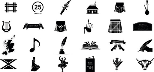 Collection of black and white silhouette icons representing various objects and concepts