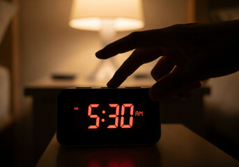 Silhouetted Hand Turning Off Digital Alarm Clock At 5:30 AM