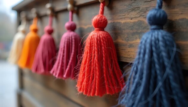 A row of colorful tassels hanging on a wooden wall.