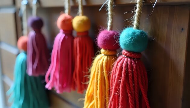 A row of colorful tassels hanging from a wooden wall.