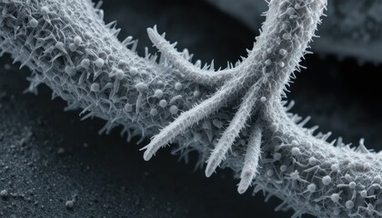 High magnification scanning electron microscope image showing surface structures of organism