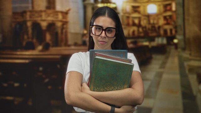 Woman holding ornate sacred books and adjusting glasses in a church building aisle, arms cradling volumes against her chest; contemplation.