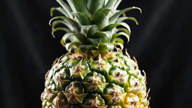 Close up of a fresh ripe pineapple with green leaves on a dark background.