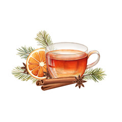 Isolated illustration of a glass cup with hot tea, garnished with an orange slice, cinnamon sticks, star anise, and pine branches