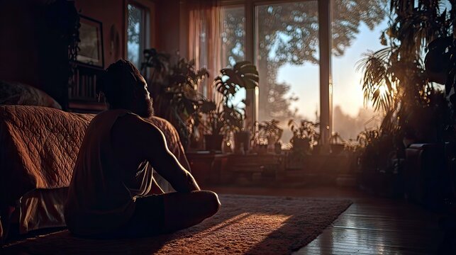 A man sits in a lotus position on a rug in a room filled with houseplants, bathed in warm sunlight streaming through a large window. - Powered by Adobe