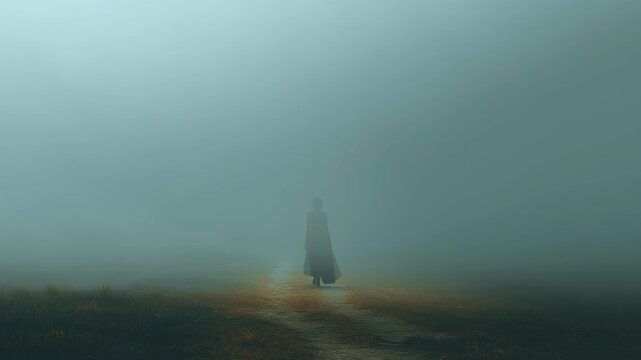 A woman is standing in a foggy field. She is wearing a long dress. The sky is cloudy. Sad ghostly woman walking away into the mist, emotional distance, atmosphere, sad ghost woman