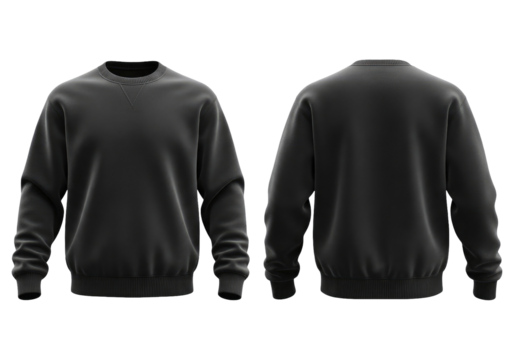 Black Sweatshirt Mockup Front And Back View, Cut Out, Clipping Path, Isolated on a Transparent PNG Background.