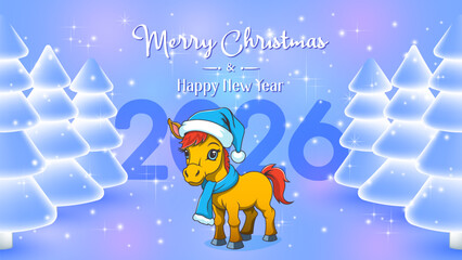 Vector holiday card or poster. Cute cartoon orange foal in blue hat and scarf. Merry Christmas and Happy New Year. 2026. Fire horse and sparks. Winter fairy toon fir forest