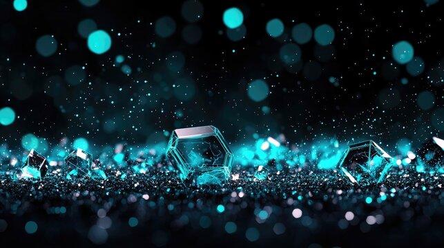 Close-up view of geometric blue crystals scattered on a dark, sparkling surface with bokeh effects in the background.