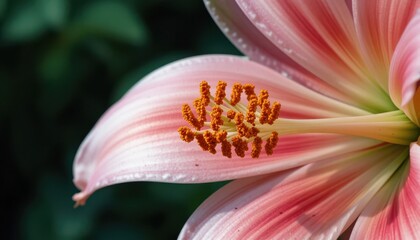 Close-up of a blooming pink dahlia flower with visible orange pollen providing a detailed view of