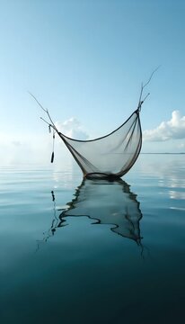 A fishing net floating in the middle of a body of water.