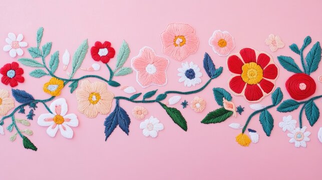 Embroidered flower background for textile and craft design.