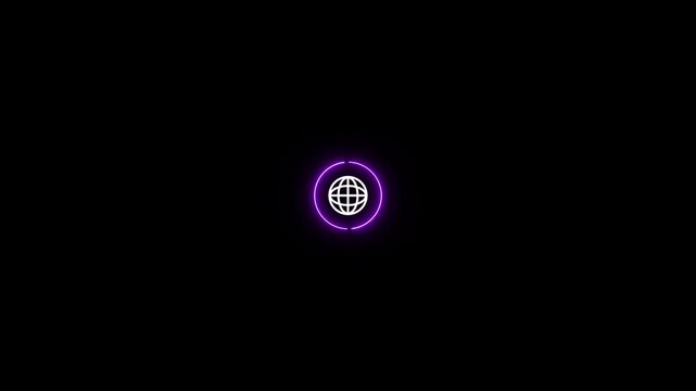 White globe icon with purple neon ring on black background world internet