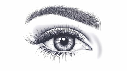 Detailed monochromatic illustration depicts an open human eye with prominent eyelashes and a defined eyebrow