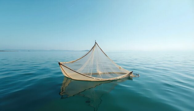 A fishing net floating in the middle of the ocean.