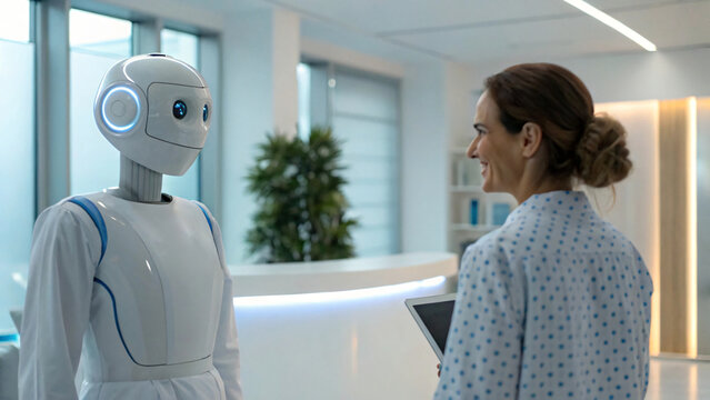 Young woman looking at the AI robot medical assistant and smiling while standing and talking with it