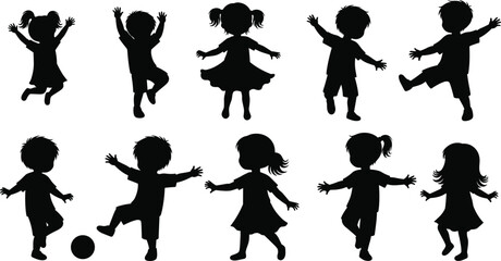 Children silhouette, playful kids, dancing, jumping, running, teamwork, childhood joy, black vector, isolated, white background, active poses, fun