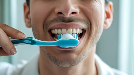 Close-up of a man brushing his teeth with toothpaste on a blue toothbrush, smiling.