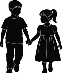 Children silhouette, walking together, holding hands, emotional bond, family love, childhood memory, friendship, innocence, outdoor scene, black vector illustration