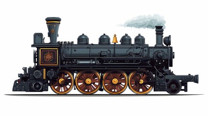Fototapeta premium Detailed illustration depicts a classic, dark-colored steam locomotive emitting smoke against a stark white background