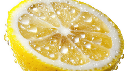 A close up of a lemon slice covered in water droplets on black on transparent background