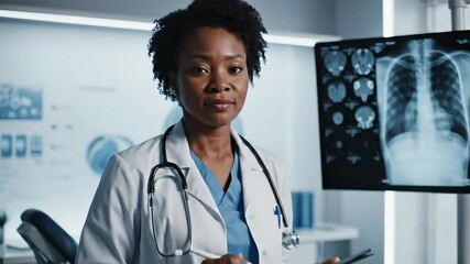 A medical professional in a white coat with a stethoscope examines patient data on a tablet In the background a screen displays X-ray and CT scans - Powered by Adobe