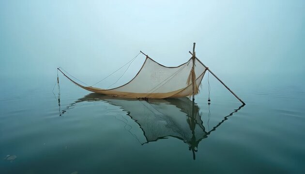 A fishing net in the middle of a body of water.