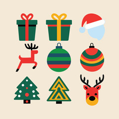 Merry Christmas icon set with a Christmas tree, Santa, reindeer, snowman, elf, and gift. A festive flat vector collection ideal for New Year celebrations and holiday themed designs on a clean backgrou