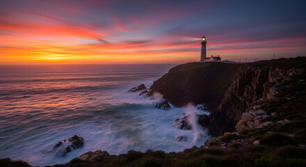 Dramatic coastal lighthouse stands sentinel against a vibrant sunset, ocean waves crashing against rocks, perfect for travel blogs and ocean themed content