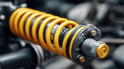 Close-up of a yellow shock absorber with black accents.