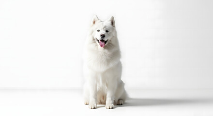 Majestic Samoyed dog sits proudly, a fluffy white companion radiating happiness and loyalty, perfect for pet lovers and heartwarming scenes
