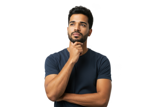Man with beard thinking with hand on chin isolated on transparent background